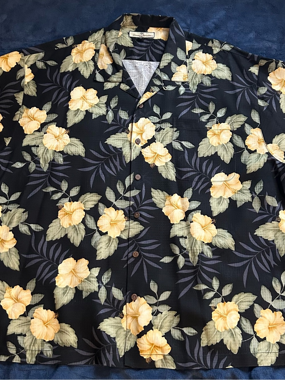 Tommy Bahama Black Camp Shirt with Yellow Floral Print